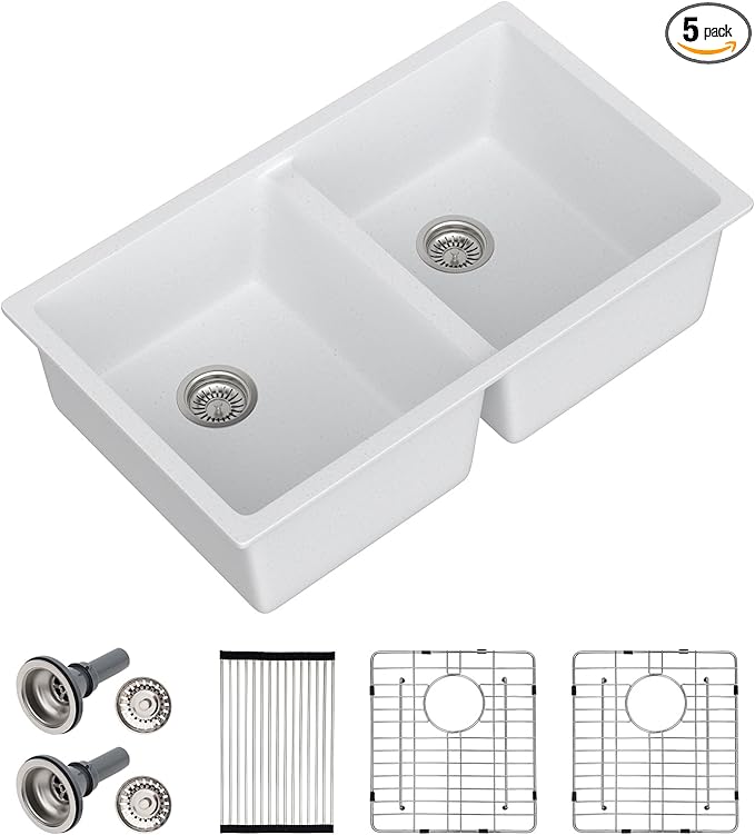 Dcolora 33 Inch Double Bowl Undermount Kitchen Sink White Deep Double Basin Prep Sink 50/50 Split Granite Composite 33"×19"×10“,#DC-GU001W