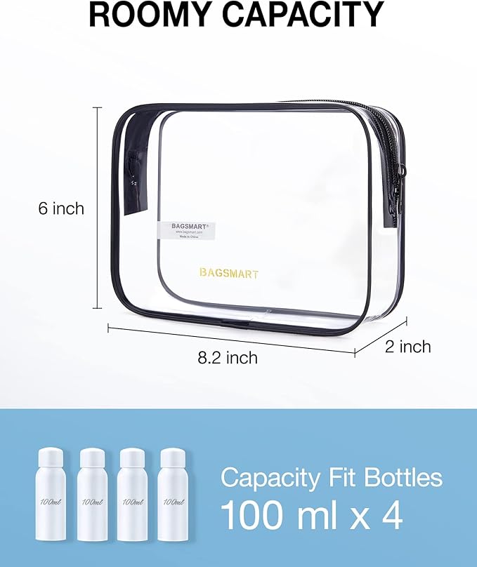 BAGSMART Clear Toiletry Bag, 2 Packs TSA Approved Water Resistant Quart Size Travel Organizer, Airport Airline Travel Essential Carry On Makeup Cosmetic Bags for Women, White