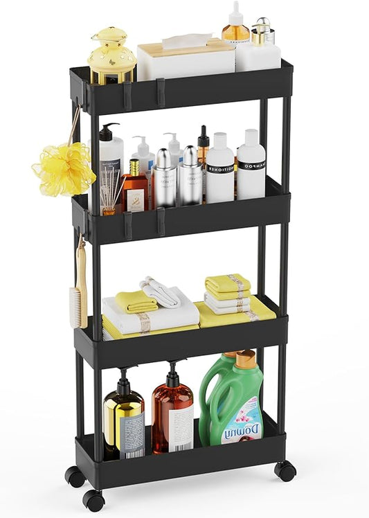 LEHOM 5.1" Slim Storage Cart - 4 Tiers Bathroom Organizer Mobile Shelving Unit Storage Rolling Utility Cart Slide Out Organizer for Kitchen Bathroom Laundry Narrow Places