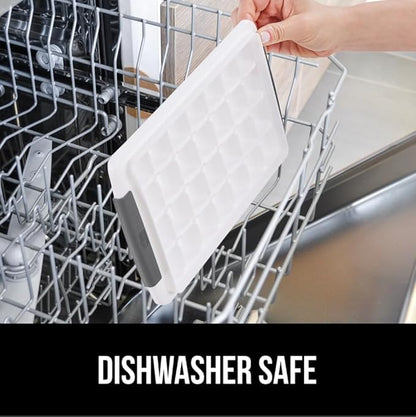 GORILLA GRIP BPA-Free Easy Release Ice Cube Tray for Freezer, Make Lots of Ice, 56 Cubes Total, Kit Includes 2 Stackable Leakproof Trays with Lid and Soft Handle Grips, Scooper, Bin, For Coffee, Gray