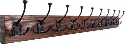 IBosins 34'' Coat Rack Wall Mount with 10 Decorative Tri-Hooks, Heavy Duty Wood Coat Hanger, Rustic Coat Hooks Rail for Entryway Living Room Coat Scarf Bag Towel Hat