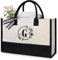 TOPDesign Personalized Initial Jute/Canvas Beach Bag, Monogrammed Gift Tote Bag for Women