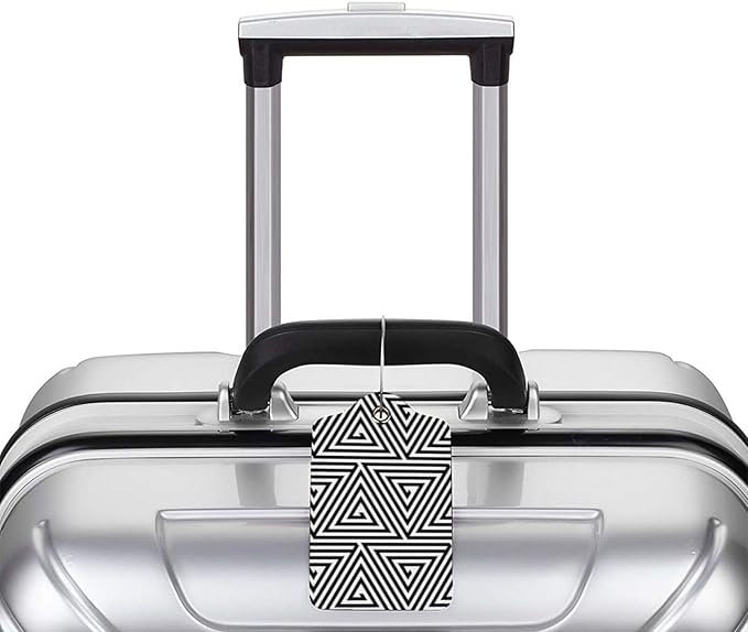 2 Pcs Black and White Abstract Patterns Luggage Tag for Suitcase, Seamless Geometric Triangles Birthday Gift, Steel Loop with Privacy Cover ID Label
