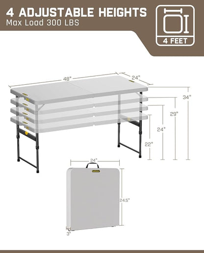 FanttikOutdoor 4ft Portable Folding Table, One-Handed Height Adjustment, 4 Heights, Gravity Lock, Carry Handle, Indoor Outdoor Heavy Duty Fold-in-Half Utility Table, Party, 1 Pack, Grey Zeta X4 Pro