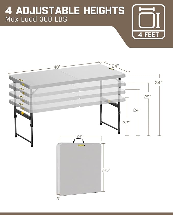 FanttikOutdoor 4ft Portable Folding Table, One-Handed Height Adjustment, 4 Heights, Gravity Lock, Carry Handle, Indoor Outdoor Heavy Duty Fold-in-Half Utility Table, Party, 2-Pack, Grey Zeta X4 Pro