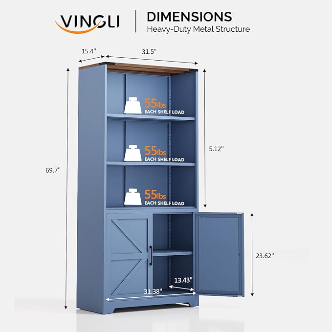 VINGLI Blue Bookcase with Doors and Adjustable Shelves, Steel 70" Tall Bookshelf Display Cabinet, 6-Tier Tall Farmhouse Metal Storage Cabinet for Study, Living Room, Home Office, Kitchen Pantry