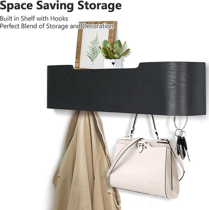 Coat Rack Wall Mount with Hidden Hooks Modern Key Holder Wood Entryway Hook with Shelf for Bedroom Kitchen Hallway Bathroom Designed for Hanging Coats Hats Bags Towels Dog Leashe(Black,4 Hooks)