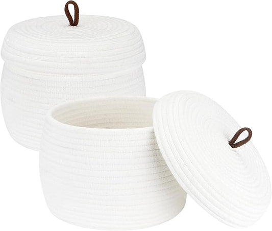 Sea Team Round Cotton Rope Storage Basket with Lid, Decorative Woven Storage Bin, Pot, Caddy, Organizer, Container for Snacks, Towels, Plants (White, Small/2-Pack)