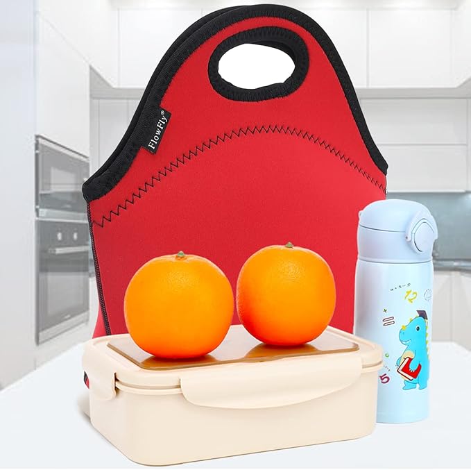 FlowFly Neoprene Lunch Tote Insulated Thermal Reusable Lunch Bag Box for Boys Men with Zipper (Red)