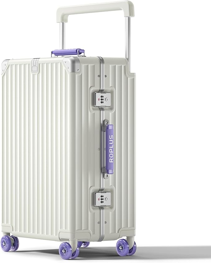 Aluminium Frame Checked-Luggage with Smooth Jelly Wheels, Hardside Zipperless Rolling Suitcase with TSA Lock (WhitePurple, 24-Inch)