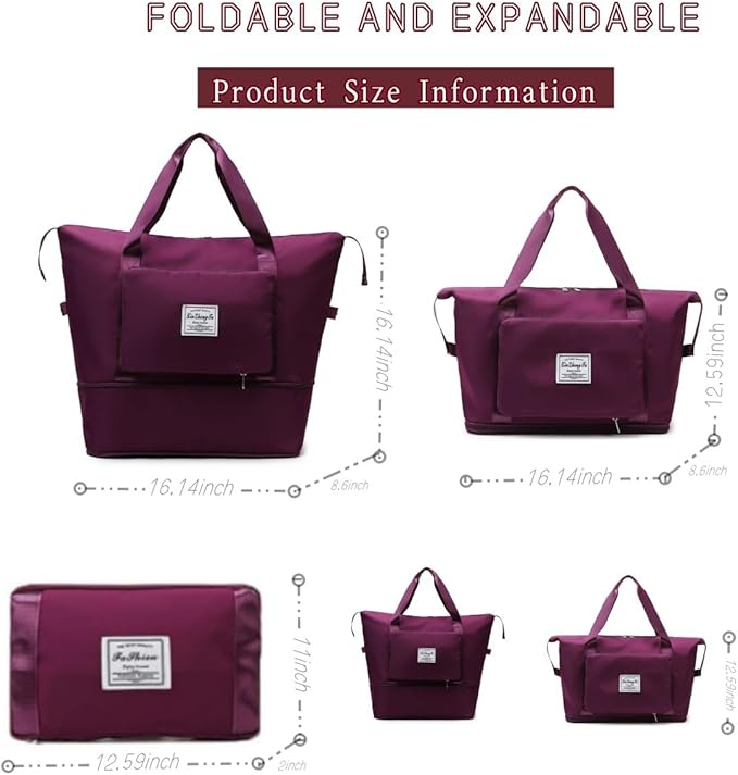 Large Capacity Foldable Travel Bag, Expandable lightweight Carry on Bag, Dry with Wet Separation Spor Duffel Bags