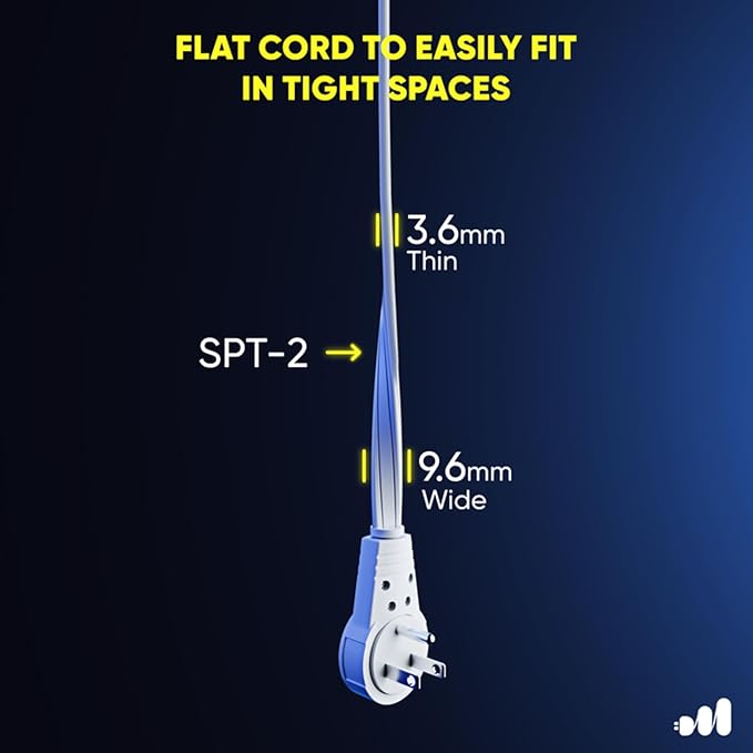 Maximm Cable 1 Ft 360° Rotating Flat Plug Extension Cord/Wire, 16 AWG Multi 3 Outlet Extension Wire, 3 Prong Grounded Wire - White - UL Certified