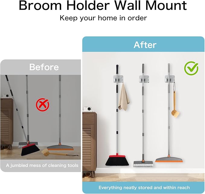 nacena Broom Holder Wall Mount, 4 Packs Silver Stainless Steel Mop and Broom Hanger with Hooks Heavy Duty Broom and Mop Organizer Wall Hanging for Bathroom