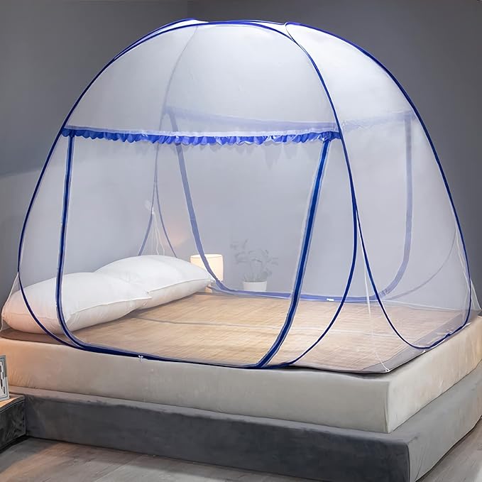 HARWAVE Mosquito Net for Bed, Folded Size 12 inch Portable Camping Travel Mosquito Net, Pop Up Mosquito Tent with Double Entry for King Queen Size Bed (Folded 12 Inch, 47""x75""x57""), Blue