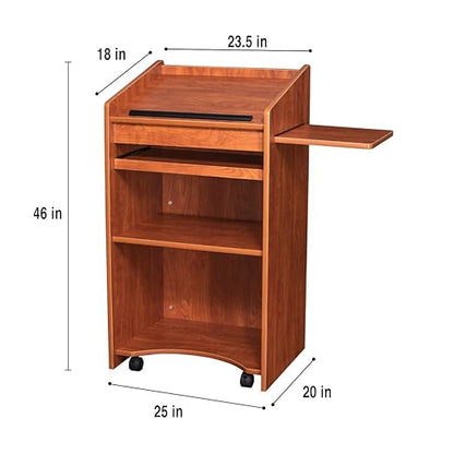 OEF Furnishings Mobile Floor Lectern with Side Shelf And Keyboard Tray, Cherry