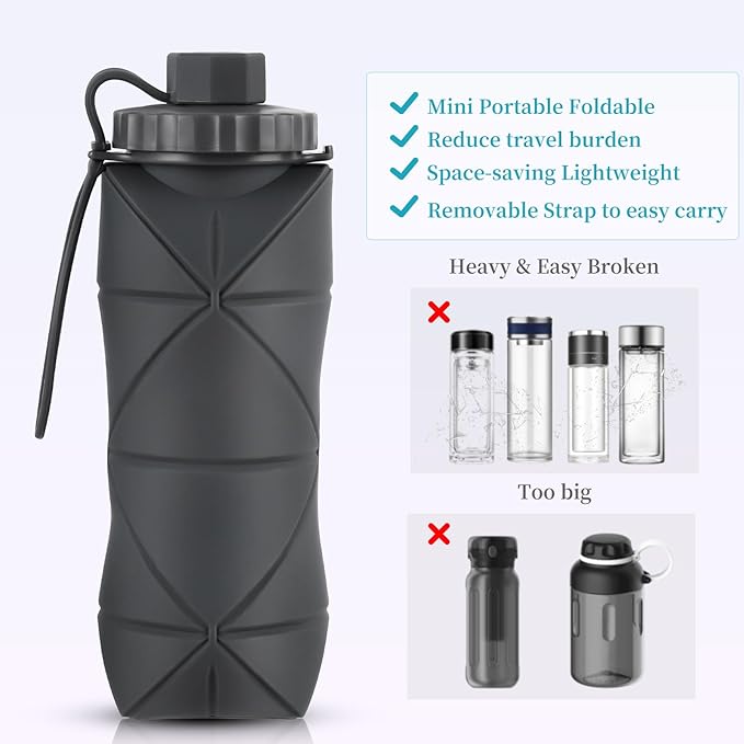 Silicone Collapsible Water Bottles,Lightweight Reusable Leakproof For Traveling Camping Hiking Cycling Sports Outdoor,Foldable Portable Travel Water Bottle 600ML Dark Blue 1Pack.