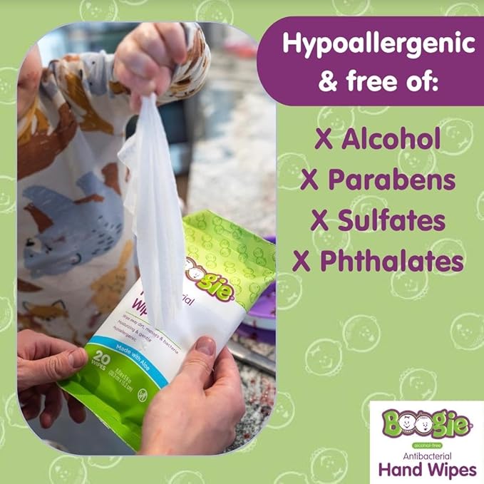 Boogie Antibacterial Hand Wipes by Boogie, Alcohol Free, Hypoallergenic and Moisturizing Aloe, for Kids and Adults -100 Total Wipes (5 Packs of 20)