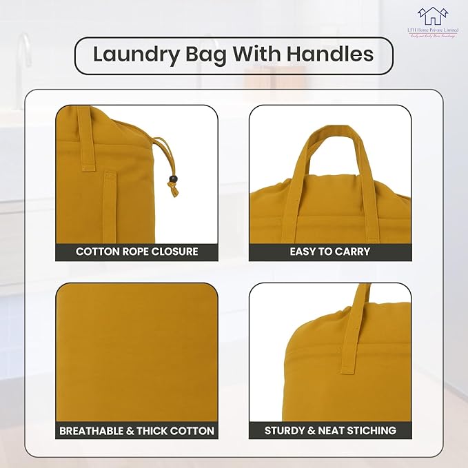 LFH Home Cotton Canvas Large Laundry Bag with Handle, Heavy Duty Drawstring Closure Washable Laundry Bags, School Travel, Home, Hotel, College Dorm, Organizer Sack, Toys Clothes 28x36-Yellow