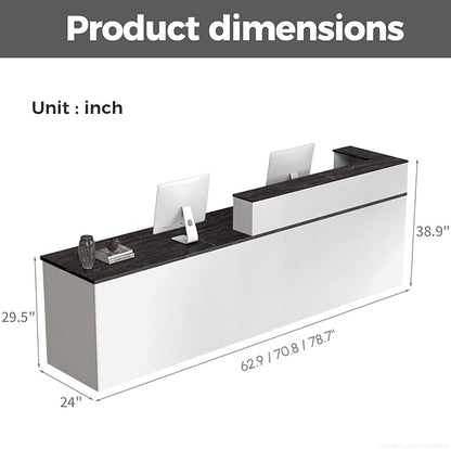 L Shape Reception Desk with Counter, Lockable Drawer, Keyboard Tray, and Double-Layer Storage for Salon, Office, or Clinic (White+Black/Left, 71" L*24" W*39" H)