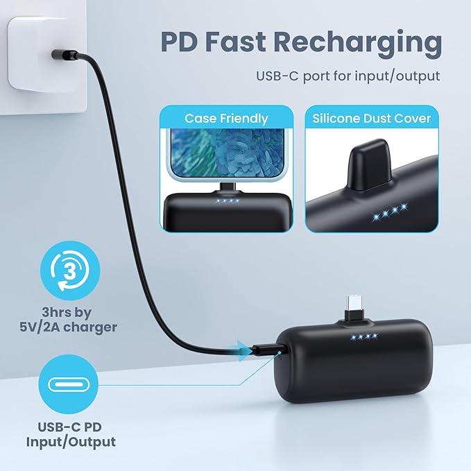 [2-Pack] Mini Portable Charger 5200mAh Power Bank, 3A PD USB C Cell Phone Portable Power, LCD Display Battery Pack Compatible with iPhone 15/15 plus/15 pro/15 pro Max/Android Phone/Samsung etc