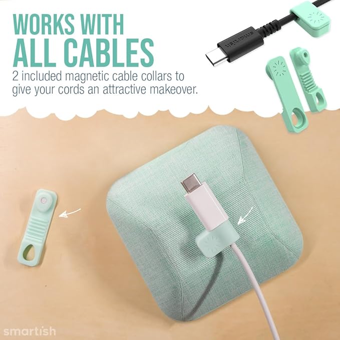 Smartish® Magnetic Cord Holder - Cable Wrangler Organizer with Magnet Clips for Charger Management on Desktop, Nightstand, or Side Table for All Cables, USB-C, Lightning Cables - Teal Me More