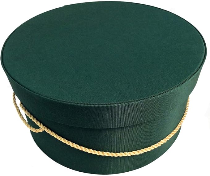 Sarah's Hat Boxes Classic Dark Green Hat Box – 12.75" x 6.5" (Dia. x Ht.) Handmade in USA – Odorless Non-Toxic Adhesive, Cording Handle – Premium Storage for Hats & Accessories