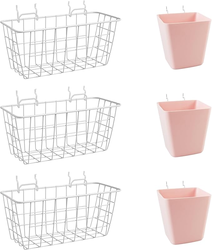 Pegboard Basket Organizers, Peg Board Large Baskets Hooks Bins Cups Tool Organizer 6 Pack Set, Wall Storage Display Hanging Accessories for Craft Office Stadio Shed Garage Organization (White & Pink)