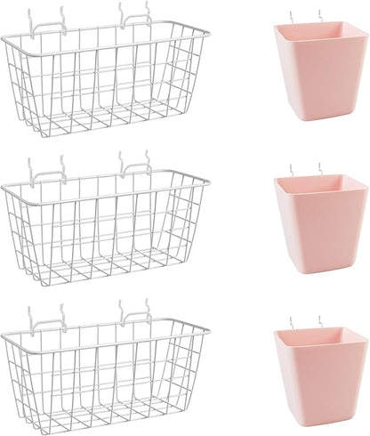 Pegboard Basket Organizers, Peg Board Large Baskets Hooks Bins Cups Tool Organizer 6 Pack Set, Wall Storage Display Hanging Accessories for Craft Office Stadio Shed Garage Organization (White & Pink)