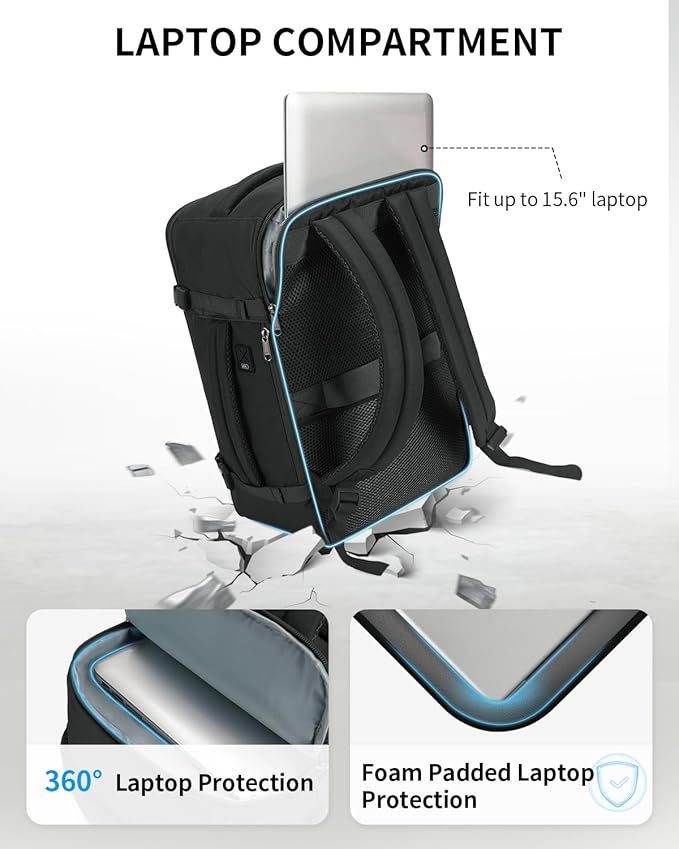 ECOHUB Travel Backpack for Men Women, Carry on Backpack with USB Charging Hole, Spirit Airlines Personal Item Bag Flight Approved, 15.6 Inch Laptop Backpack with Anti Theft Pockets, 30L, Black