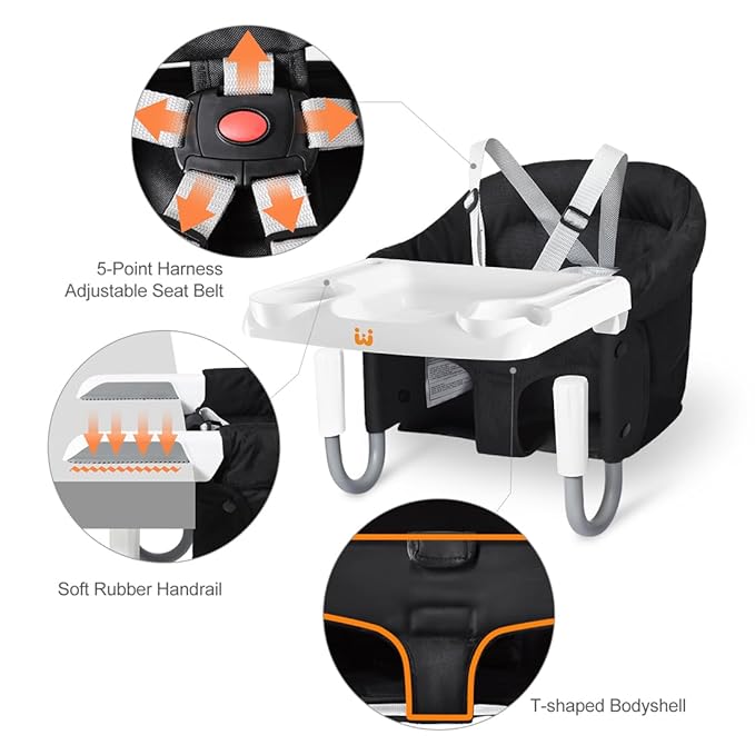 MTWML Hook On High Chair with Tray,Portable Baby High Chair That Attaches to Table,Clip On Fast Table High Chair for Babies and Toddlers.Baby Feeding Seat for Dining Table and Counter (Pure-Black)