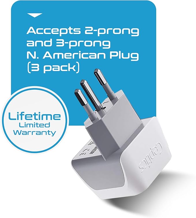 Ceptics Brazil Travel Adapter Plug with Dual Usa Input - Type N (3 Pack - Ultra Compact - Safe Grounded Perfect for Cell Phones, Laptops, Camera Chargers and More - Power Plug (CT-11C)