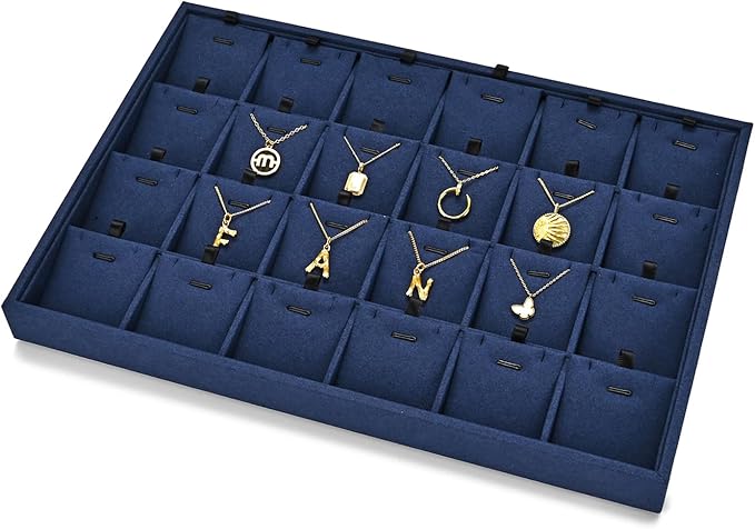 24 Grids Microfibrt Necklace Tray Jewelry Display Tray Necklace Holder Display Trays for Drawers With Removable Jewelery Cards Necklace Pendant Bracelet Storage Tray (Beige)