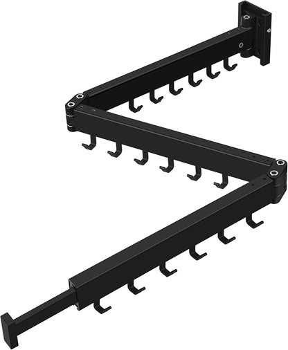 Clothes Drying Rack Wall Mounted, Retractable Collapsible(Tri-Fold) Space Saver, Black with 18 Hooks for Laundry Room Organization Apartment Balcony Bathroom