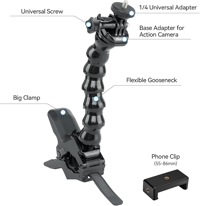 Jaws Flex Super Clamp Mount Gooseneck Tripod Desk Table Strolle Vlog Video Light Extension Holder Attach for GoPro Max 13 12 11 10 9 8 7 6 5 Insta360 X3 Go3 Ace Pro DJI Action 4 Pocket 3 Accessories