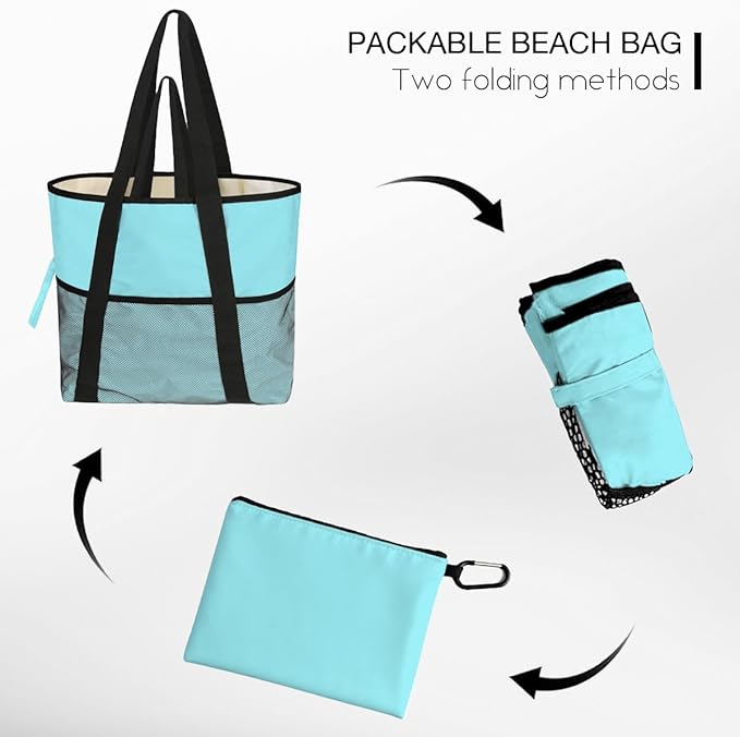 Sandproof Beach Bag with Zipper - 8-Pocket Waterproof Tote for Women & Family | Foldable Travel Swim Bag (Gift-Ready)