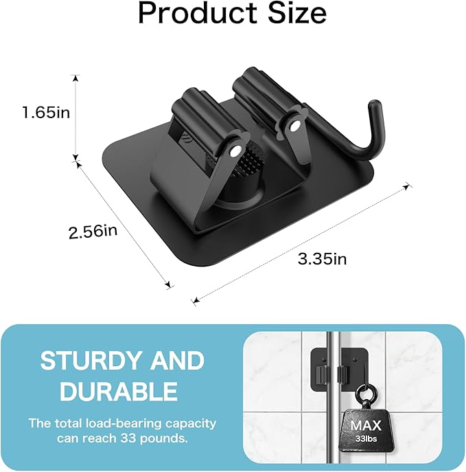 nacena Broom Holder Wall Mount, 4 Packs Black Stainless Steel Mop and Broom Hanger with Hooks Heavy Duty Broom and Mop Organizer Wall Hanging for Bathroom