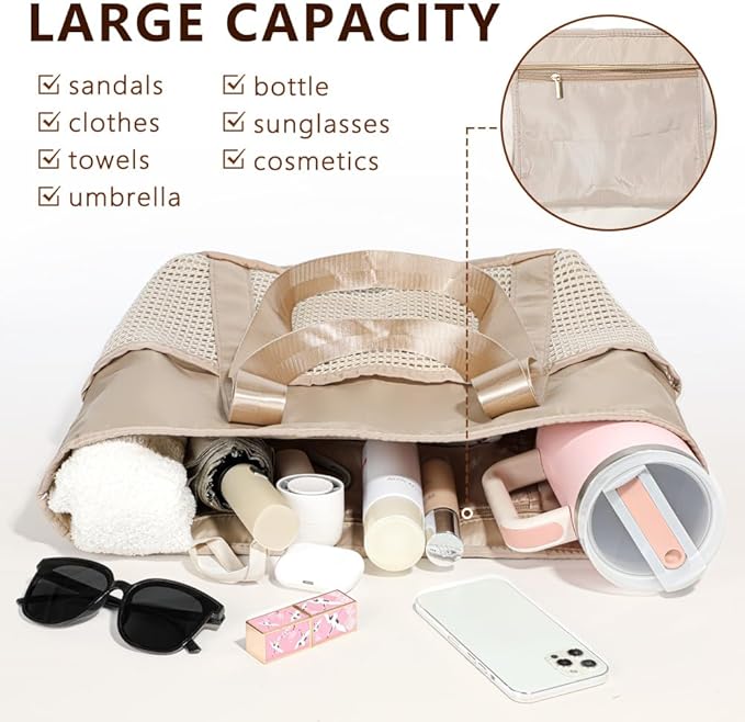 Waterproof Sandproof Beach Bag with Zipper and 6 Pockets - Foldable Lightweight Tote for Pool, Travel
