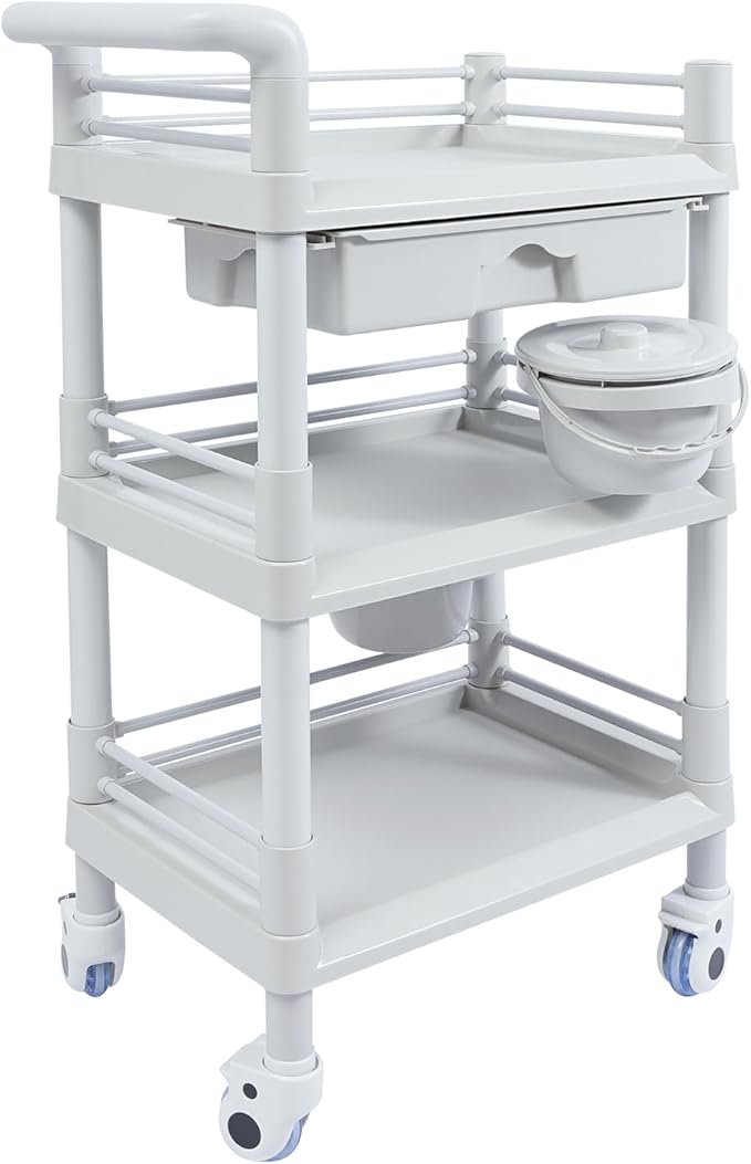 Medical Mobile Trolley Cart, Salon Storage Cart Movable Organizer Rolling Beauty Organizer Trolley 2 Foot-Operated Locking Castors 3 Open-Fronted Drawers 2 Waste Bins 176.37 Lbs Load Capacity