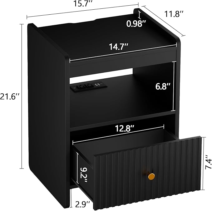 HIFYOBRO 21.6" Tall Fluted Nightstand Set, End Table with Charging Station and LED Light, Modern End Side Table with Drawer (Black)