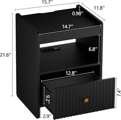 HIFYOBRO 21.6" Tall Fluted Nightstand Set, End Table with Charging Station and LED Light, Modern End Side Table with Drawer (Black)