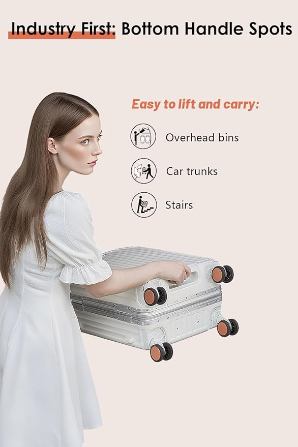 HotWay 26 Inch Hardside Checked Luggage with Leather Handle, PC Zipperless Suitcase with Spinner Wheels and TSA Locks, Lightweight Checked Luggage for Travel, Silver