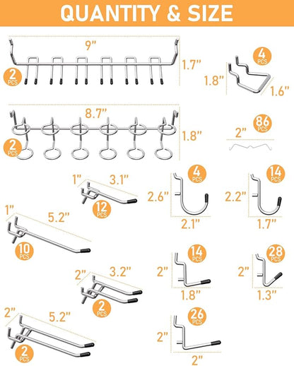 INCLY 1/4" Pegboard Hooks Set for Hanging, 206PCS Heavy Duty Peg Board Hooks & Hangers Only Fit 1/4 Inch Pegboard for Tools Crafts Assortment Garage Organizer Attachment Peg Board Accessories