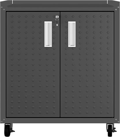 Manhattan Comfort Fortress Textured Metal 31.5" Garage Mobile Cabinet with 2 Adjustable Shelves in Charcoal Grey