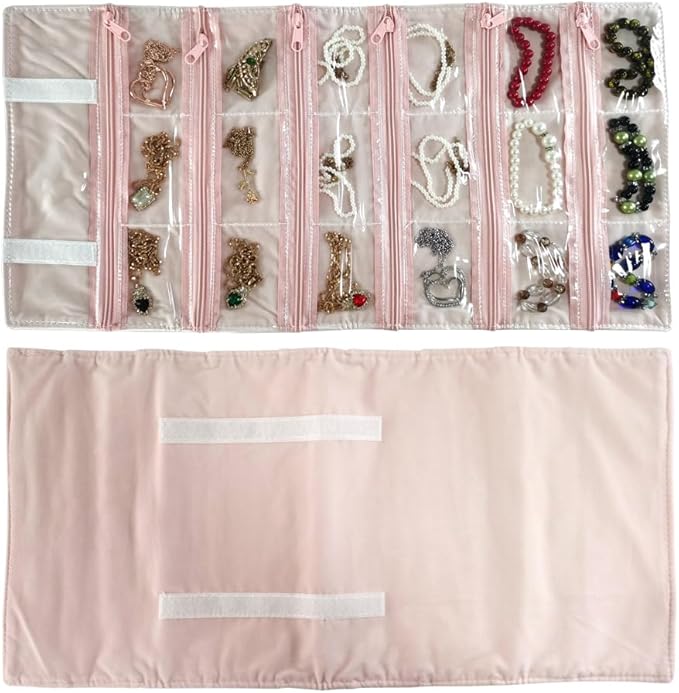 Travel Jewelry Roll Bag Portable Organizer Pouch With Grids&PVC Cover Storage Bags for Necklace, Bracelet, Bracelet,Ring, Badge, Pendant
