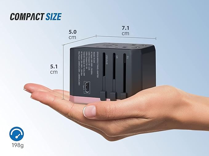 EPICKA Universal Travel Adapter, European Travel Plug Adapter - International Power Adapter Worldwide Charger with USB-C & 4 USB-A Ports, Travel Essentials for Italy, UK, Japan (TA-105, Rose Gold)