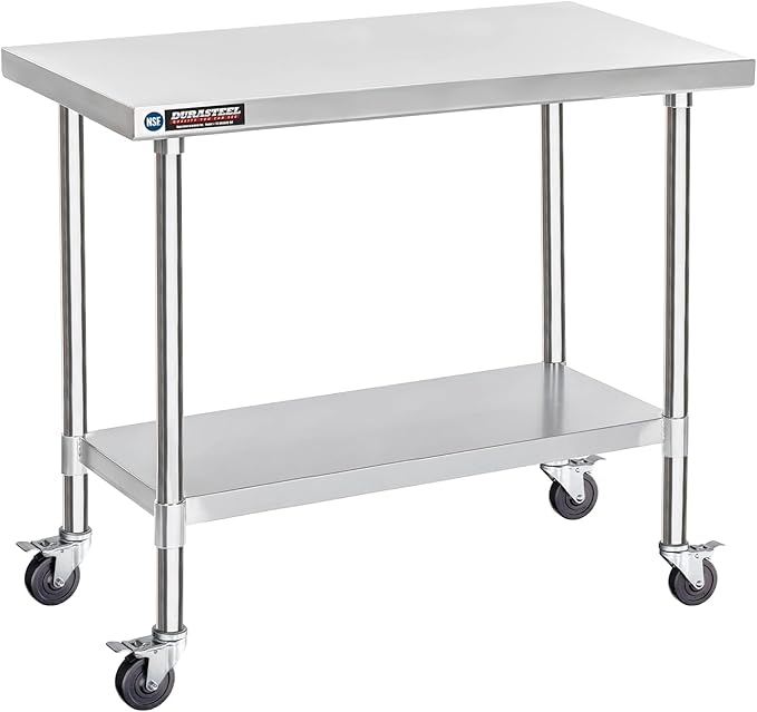 DuraSteel 30x48 NSF Stainless Steel Cart Work Table - Heavy Duty Rolling Food Prep Table Countertop Island - Metal Utility Cart on Wheels Caster, Grill Stand Storage Outdoor Kitchen Tables Bar Top