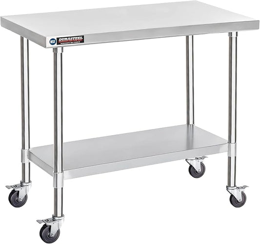 DuraSteel 30x48 NSF Stainless Steel Cart Work Table - Heavy Duty Rolling Food Prep Table Countertop Island - Metal Utility Cart on Wheels Caster, Grill Stand Storage Outdoor Kitchen Tables Bar Top