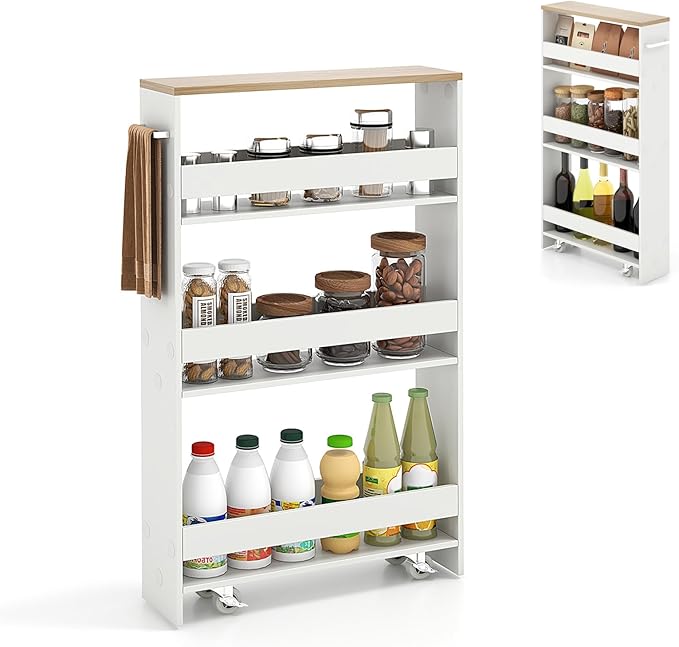 Slim Storage Cart, 4 Tier Rolling Storage Cabinet with 4 Universal Wheels, Convenient Handle, Narrow Laundry Cart for Small Space Bathroom Office