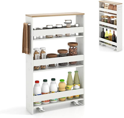 Slim Storage Cart, 4 Tier Rolling Storage Cabinet with 4 Universal Wheels, Convenient Handle, Narrow Laundry Cart for Small Space Bathroom Office