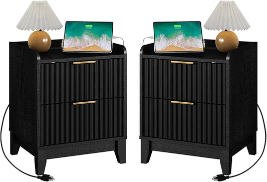 Wnutrees Fluted Nightstand with Charging Station, Modern Bedside Table with 2 Drawers, Farmhouse Wooden End Side Table Living Room, 2 Pack, Black